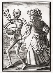 Kuolema tulee epäuskoiselle naiselle, "Der Todten Tanz", julkaistu Basel, 1843